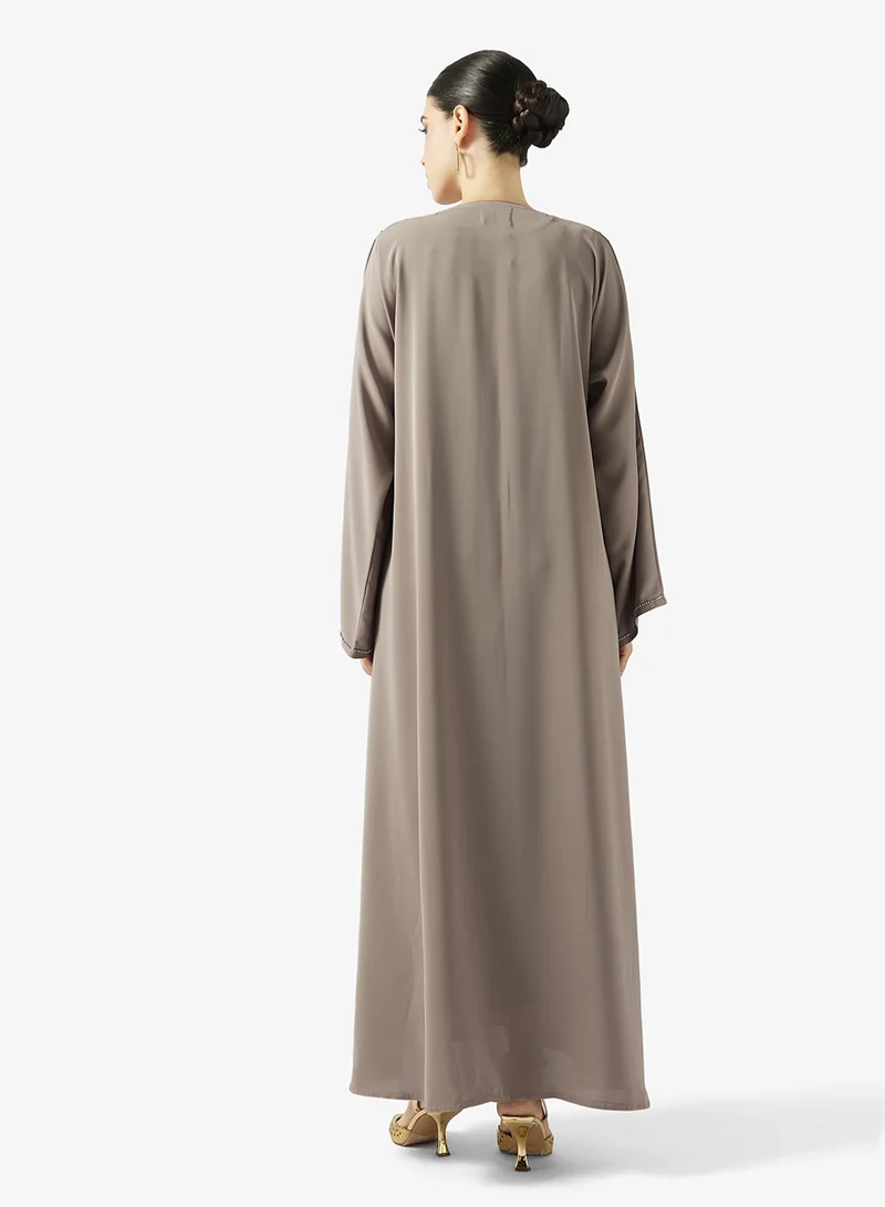 hayas closet Floral Embroidered Open Front V Neck Abaya